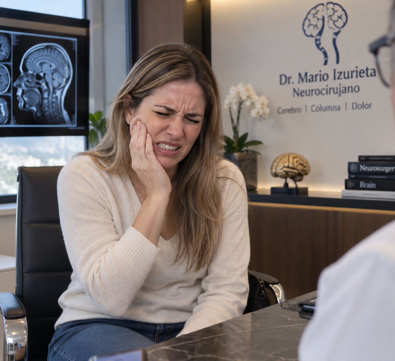 Imagen ilustrativa de una mujer con dolor facial en el consultorio
