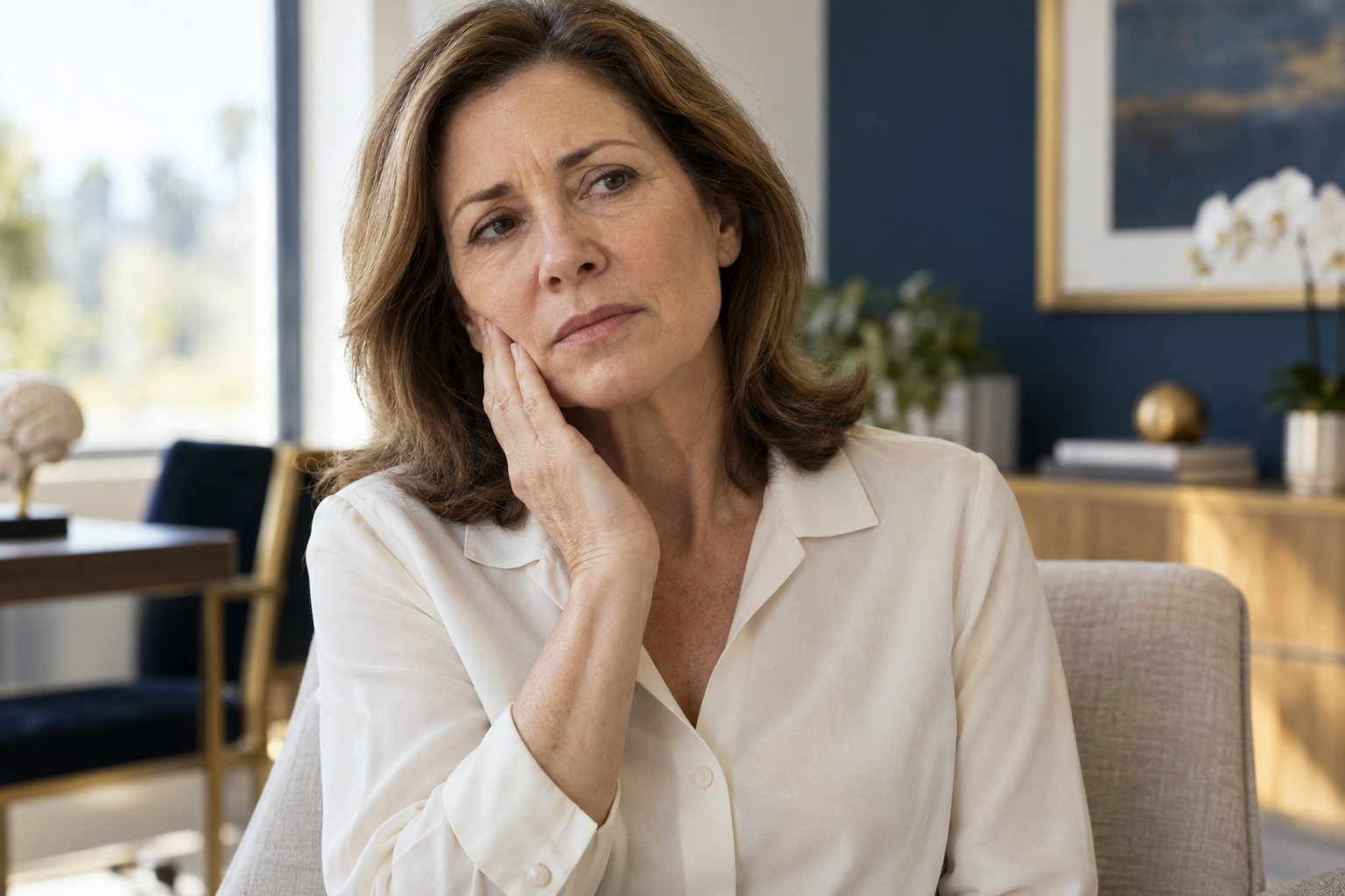Ilustración generada con IA: mujer con dolor facial persistente
