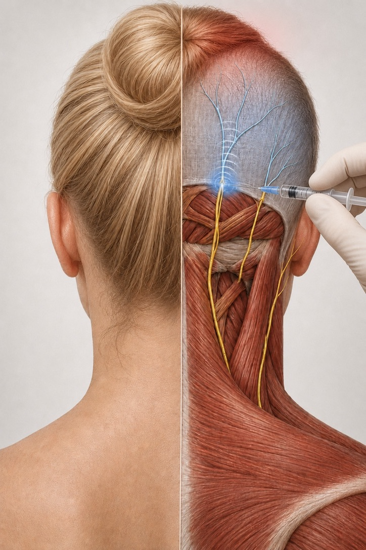 Ilustración anatómica de infiltración del nervio occipital