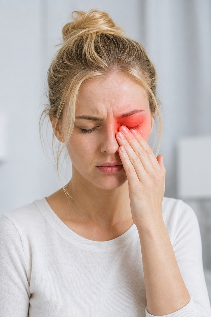 Mujer señalando dolor en la región del ojo