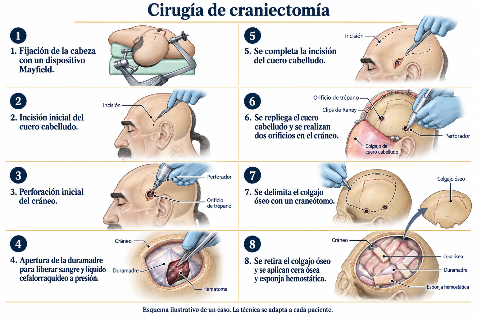 Ilustración en español de ocho etapas de una cirugía de craniectomía