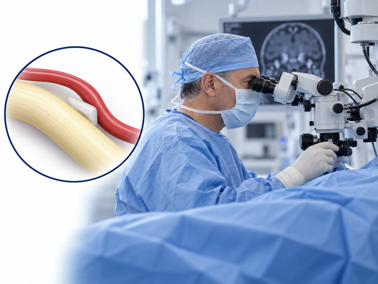 Ilustración de descompresión microvascular con microscopio quirúrgico y un separador entre la arteria y el nervio trigémino