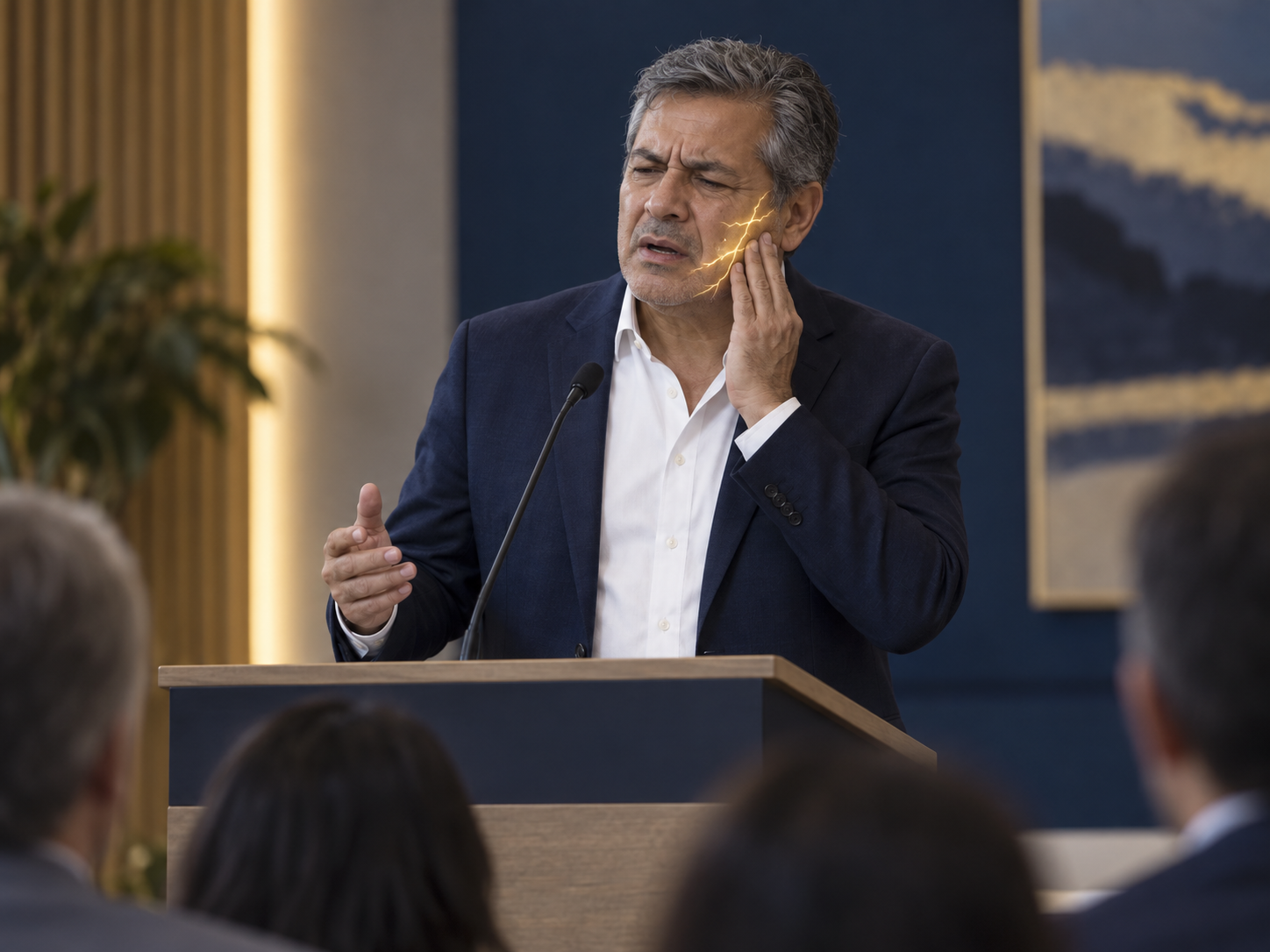 Hombre hablando detrás de un podio que se toca la mejilla izquierda por una crisis de dolor facial