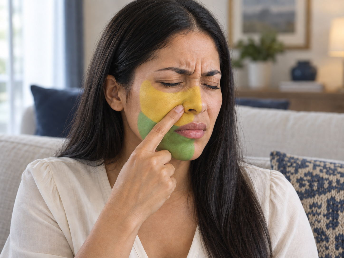 Mujer con dolor facial derecho señalando el ala de la nariz, con los territorios V2 en amarillo y V3 en verde representados esquemáticamente