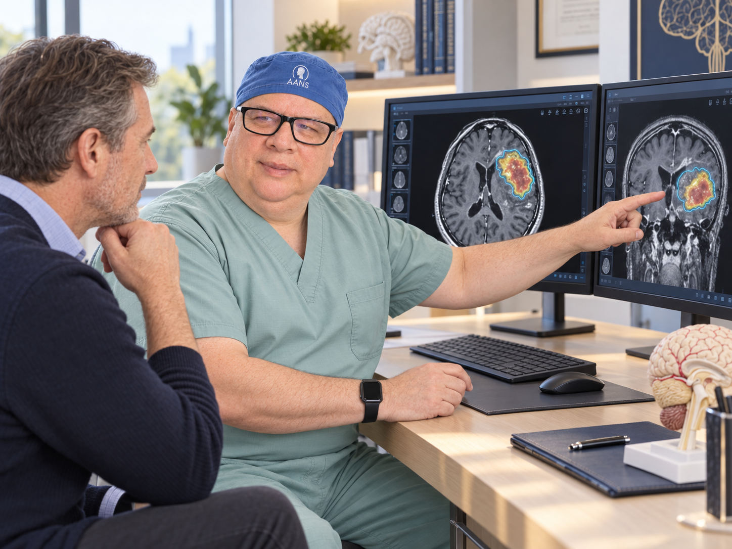 Dr. Mario Izurieta explicando una resonancia cerebral a un paciente en dos pantallas
