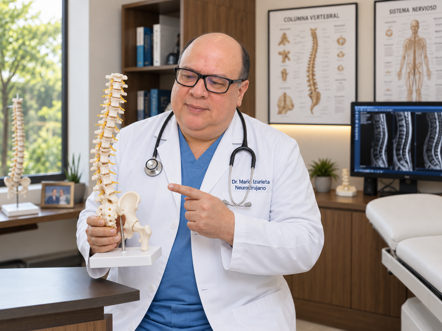 Dr. Mario Izurieta Ulloa mostrando un modelo de columna vertebral en el consultorio