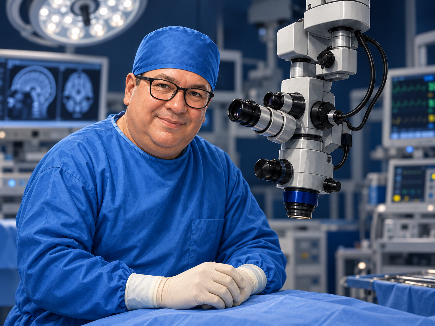Retrato del Dr. Mario Izurieta Ulloa junto a un microscopio quirúrgico