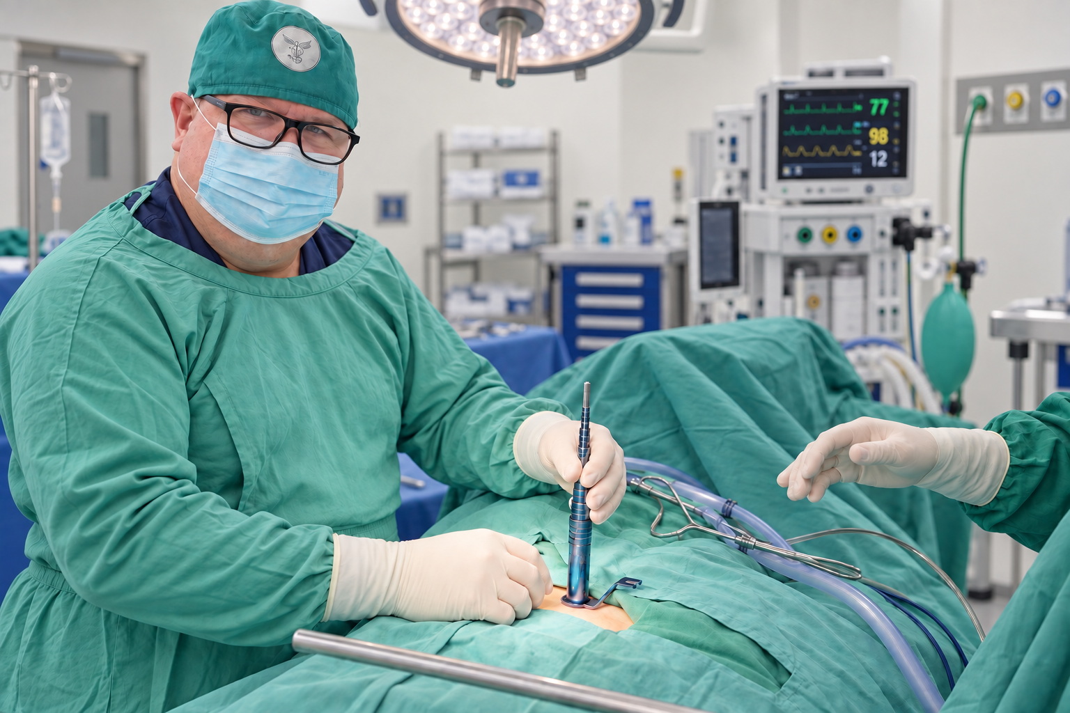 Reconstrucción con IA del Dr. Mario Izurieta durante cirugía lumbar de mínima invasión, basada en sus fotografías