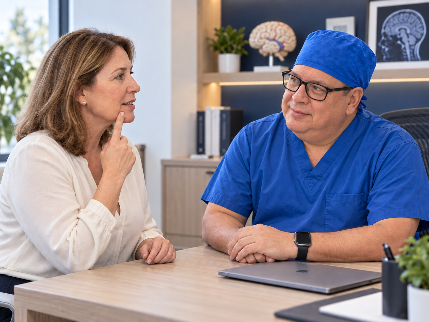 Ilustración del Dr. Mario Izurieta conversando con una paciente sobre la localización de su dolor facial