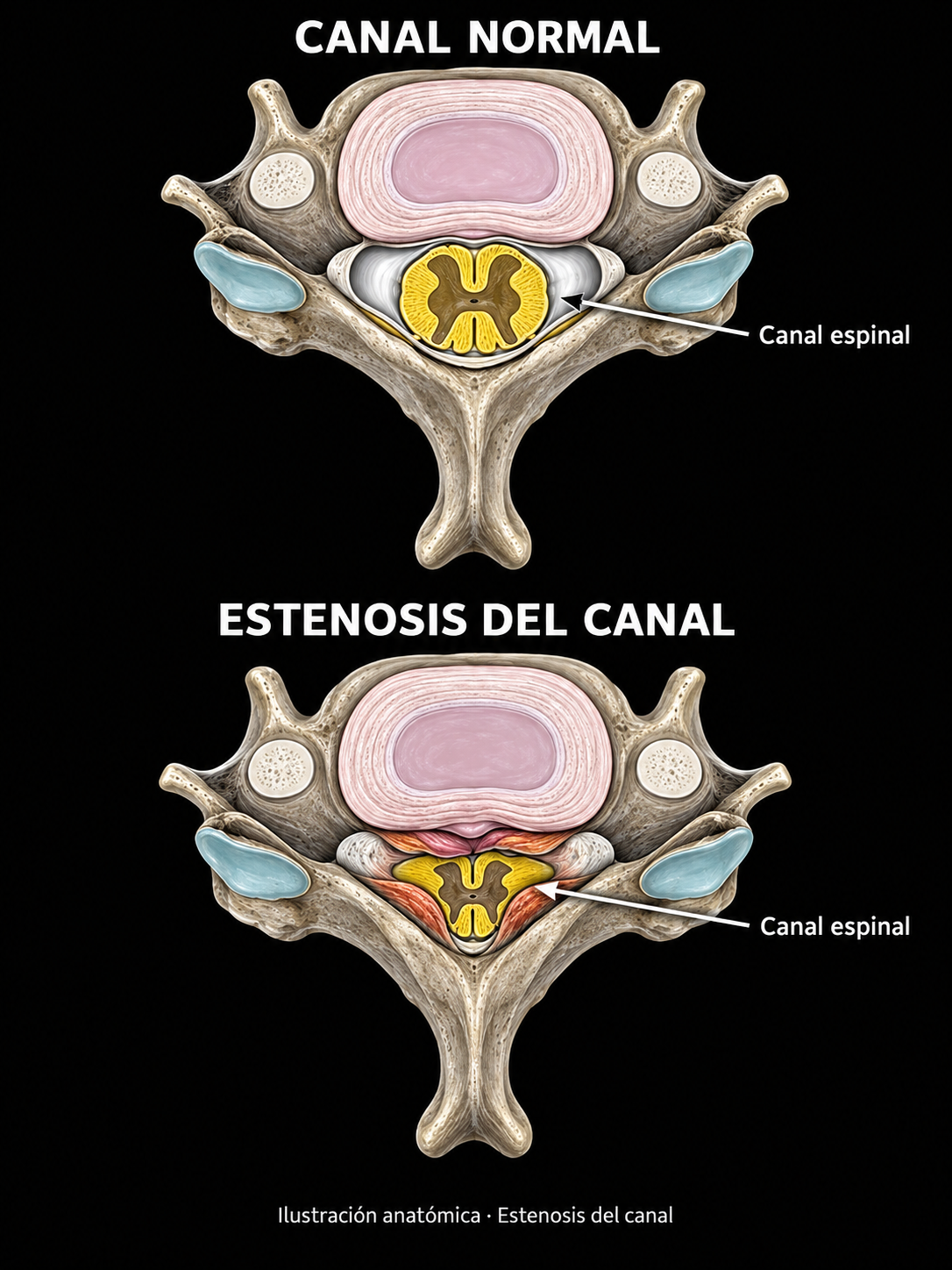 Ilustración anatómica comparativa del canal espinal normal y la estenosis del canal