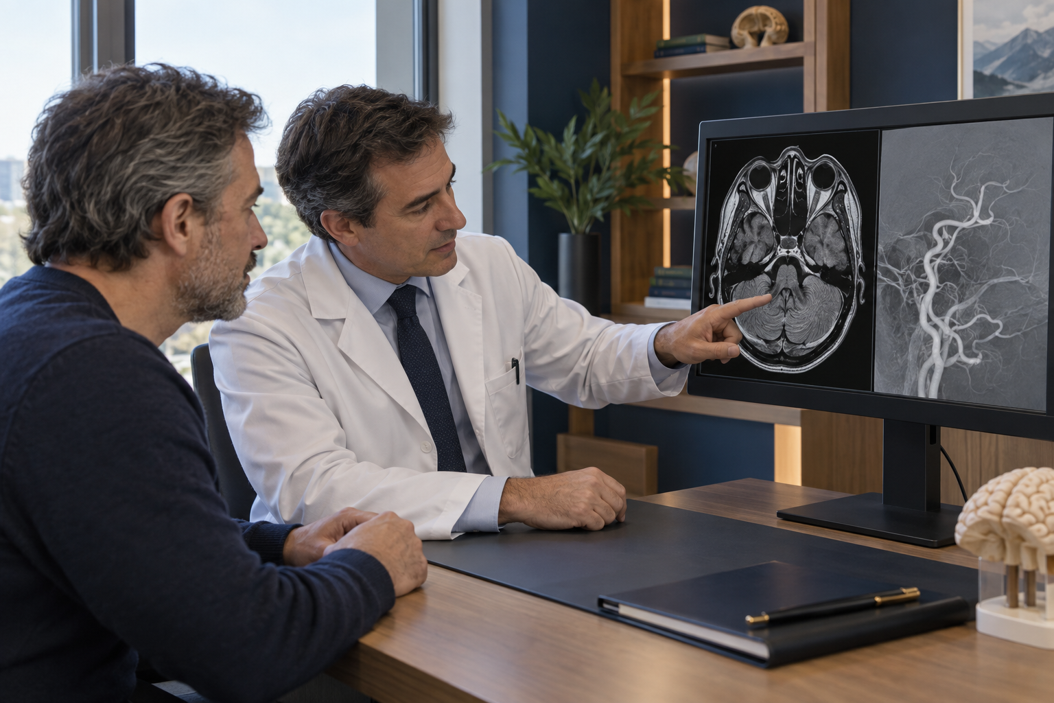 Ilustración generada con IA: Revisión de imágenes cerebrales y vasculares durante la consulta