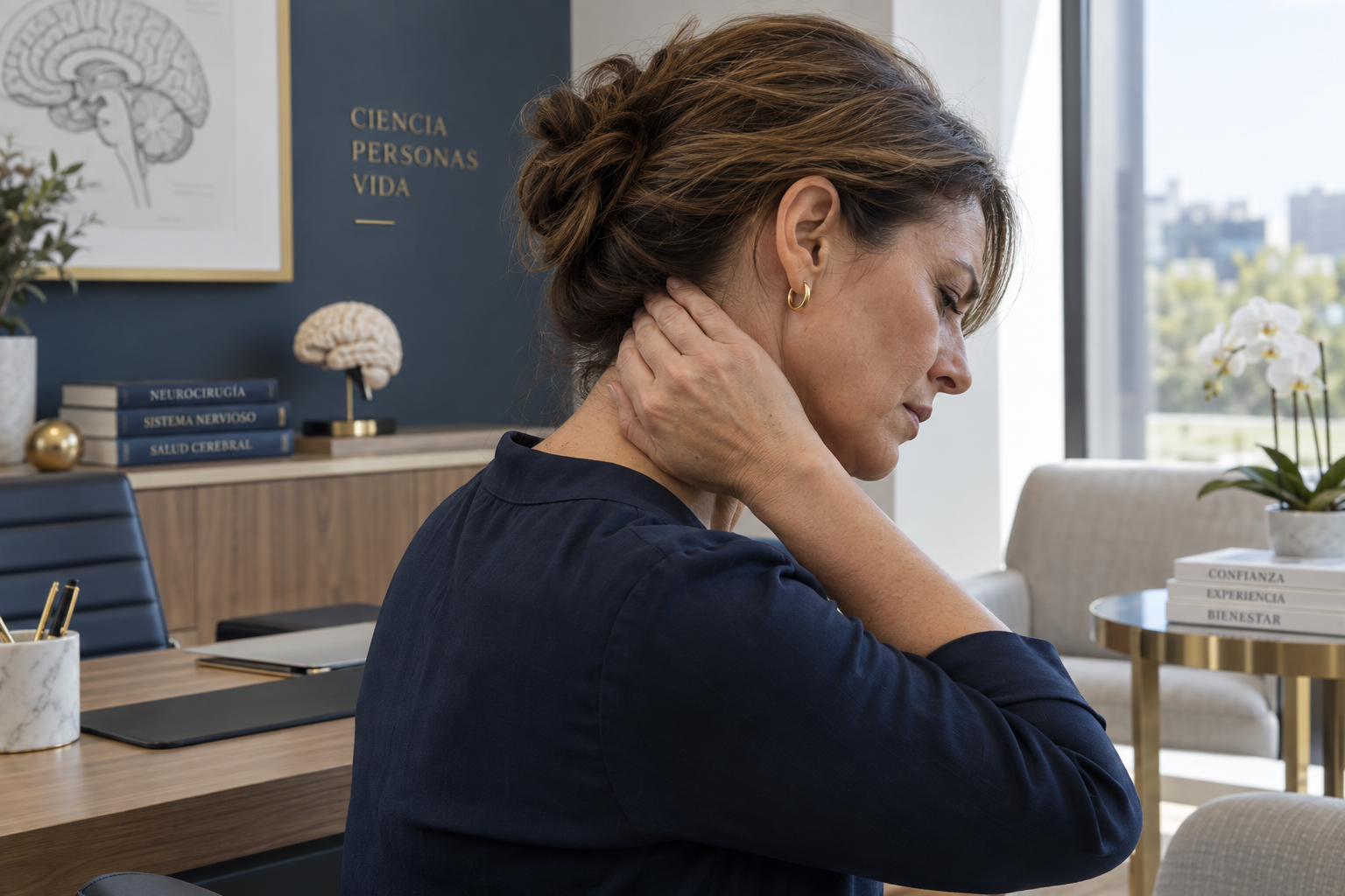 Ilustración generada con IA: mujer con dolor en la región occipital