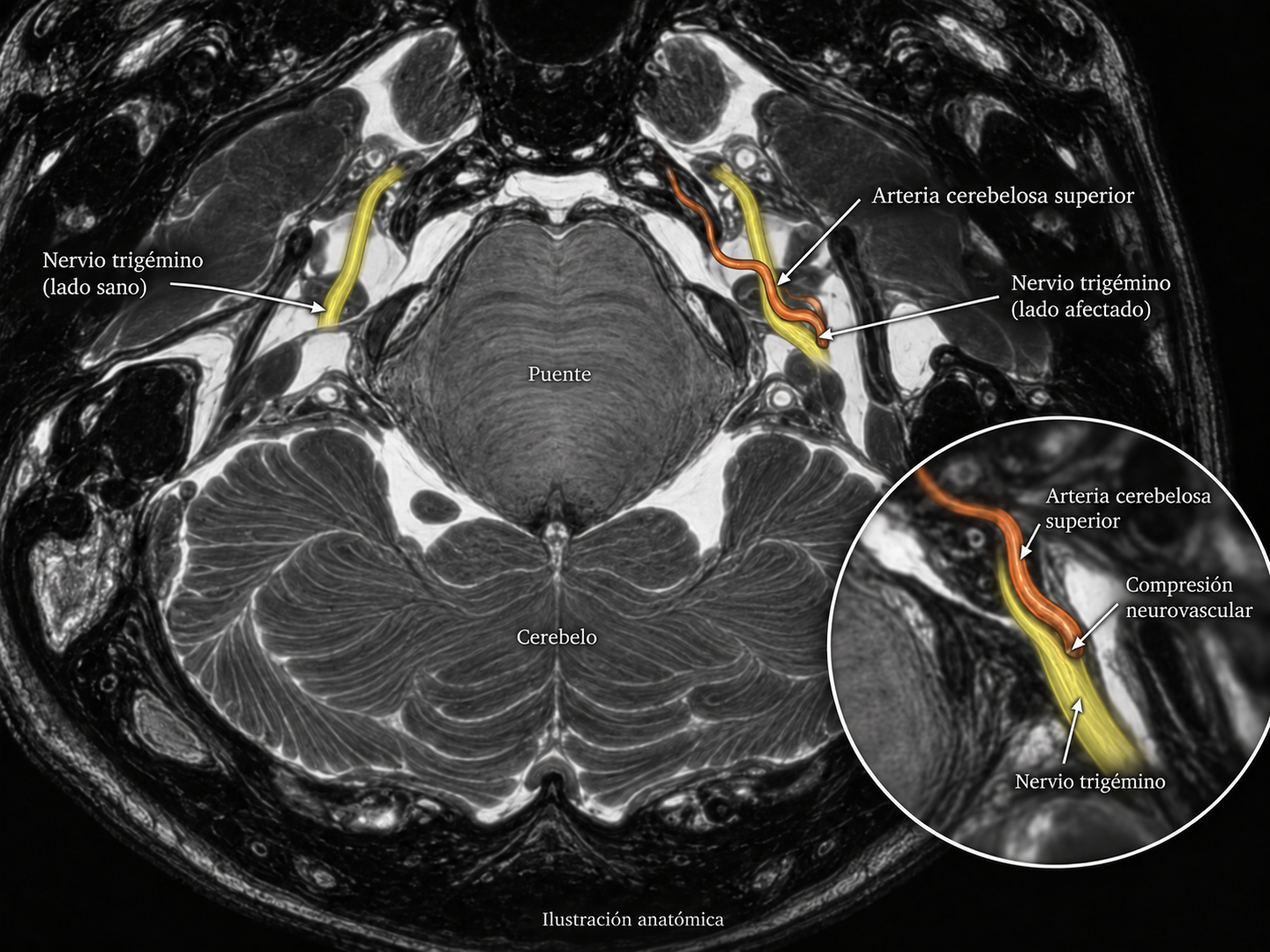 Ilustración de resonancia de la fosa posterior con arteria cerebelosa superior en anaranjado y nervio trigémino en amarillo, mostrando el contacto neurovascular