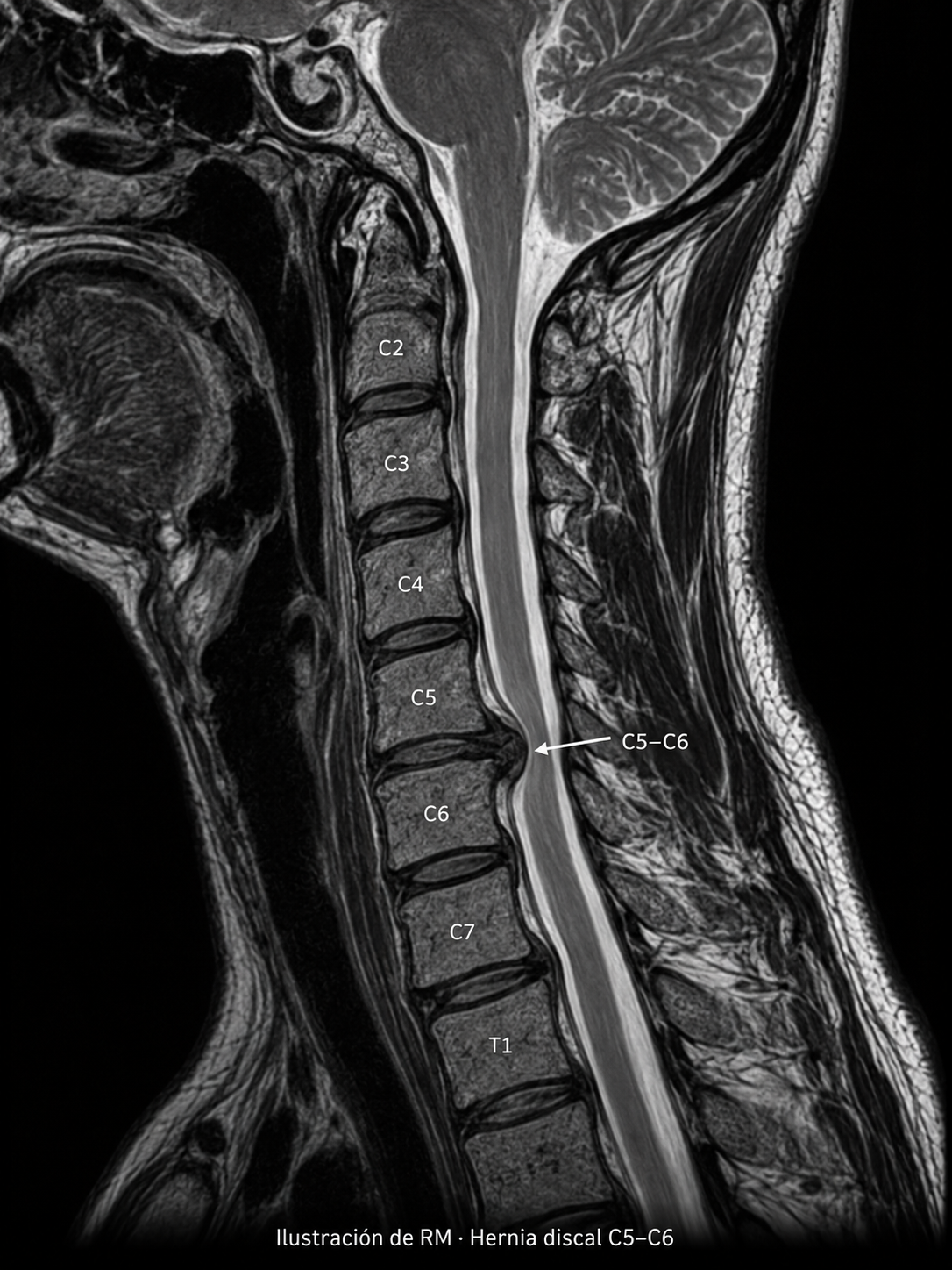 Ilustración de resonancia magnética cervical en corte sagital con hernia discal C5–C6