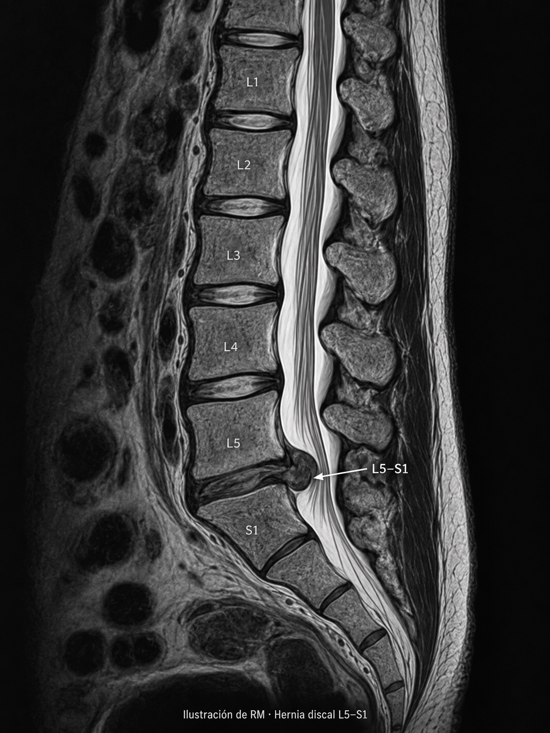 Ilustración de resonancia magnética lumbar en corte sagital con una gran hernia discal L5–S1