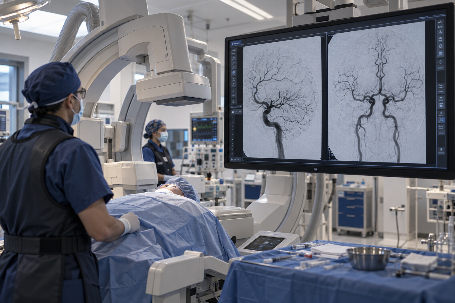 Ilustración generada con IA: sala de arteriografía cerebral con el estudio vascular en una pantalla grande