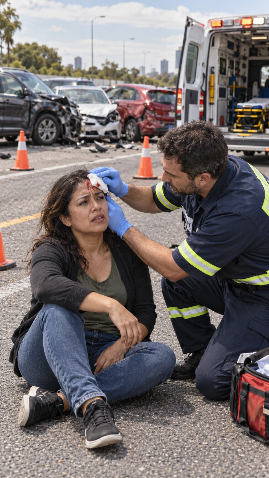 Personal de emergencias atendiendo a una mujer tras una colisión de vehículos
