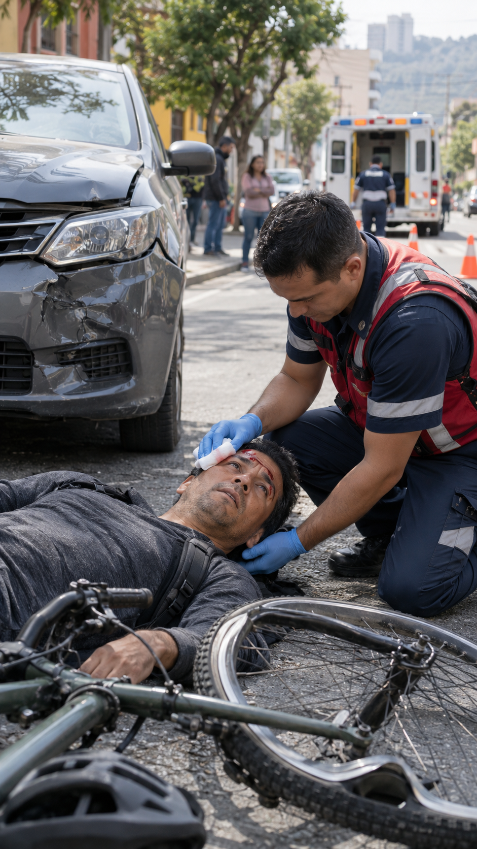Personal de emergencias atendiendo a un ciclista lesionado