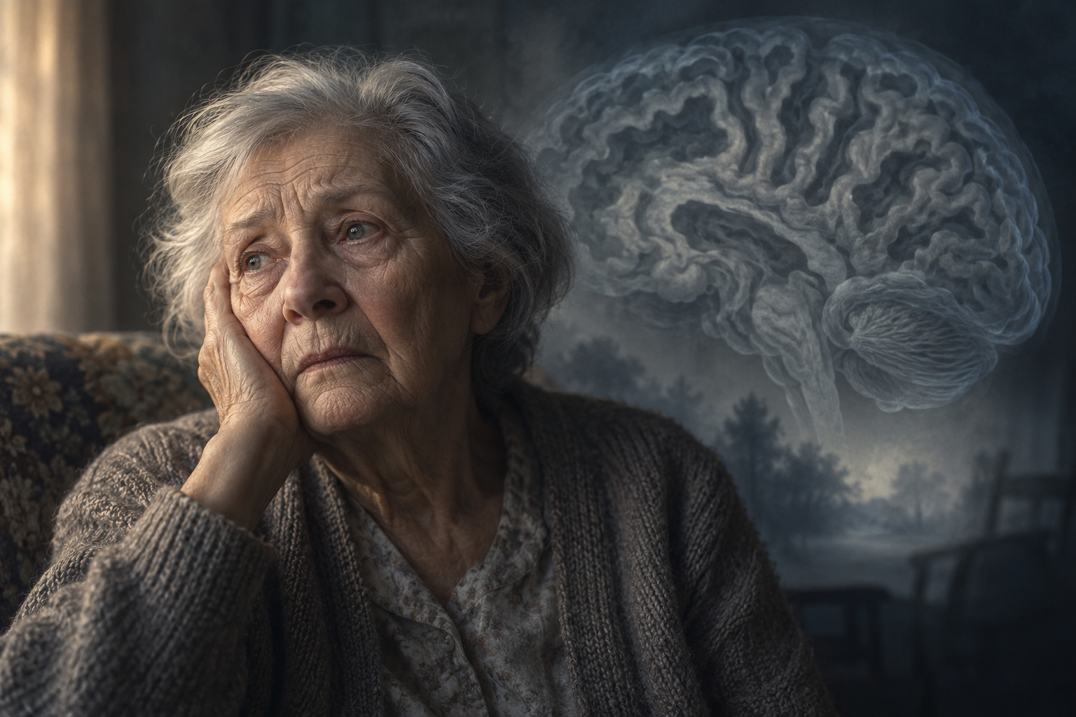 Representación artística de una mujer mayor con mirada triste y distante y un cerebro atrófico en el fondo
