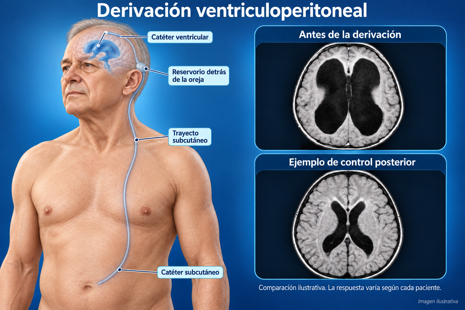 Derivación ventriculoperitoneal con catéter subcutáneo y reservorio detrás de la oreja, junto a una comparación ilustrativa de imágenes cerebrales