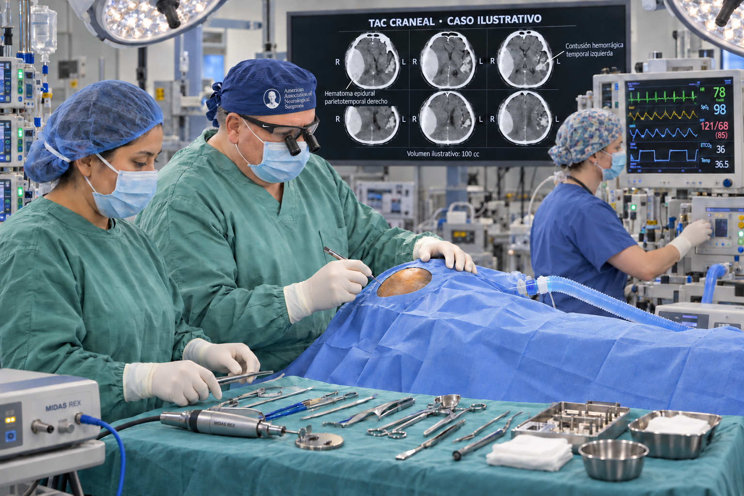 Escena ilustrativa del equipo de neurocirugía preparado para evacuar un hematoma intracraneal