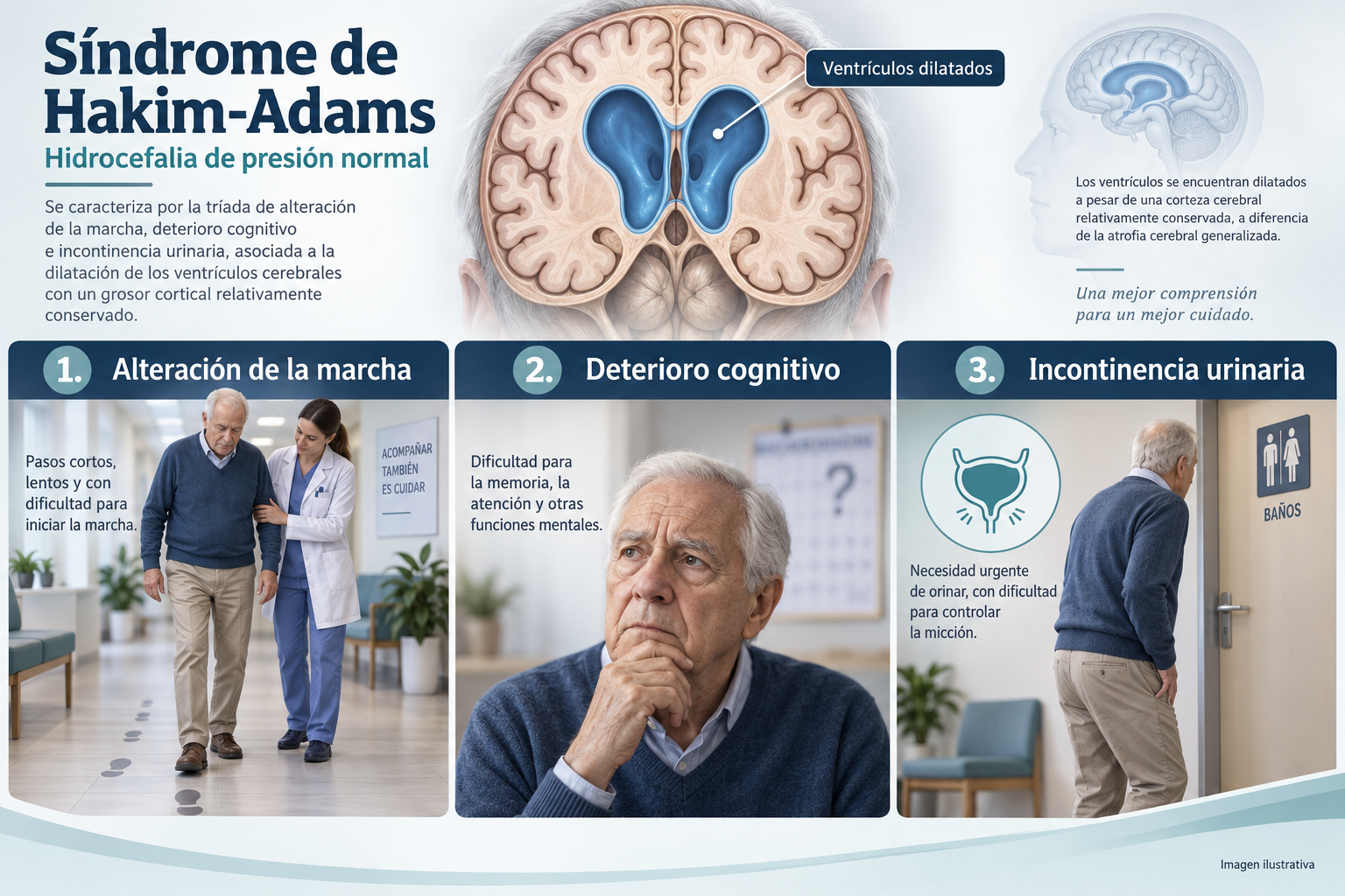 Síndrome de Hakim-Adams: ventrículos dilatados, alteración de la marcha, deterioro cognitivo e incontinencia urinaria